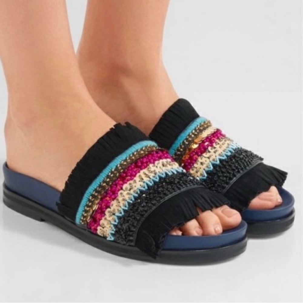 Tory Burch Isle Slides Women 8.5 Slip On Shoes Beaded Fringe Sequin Sandals